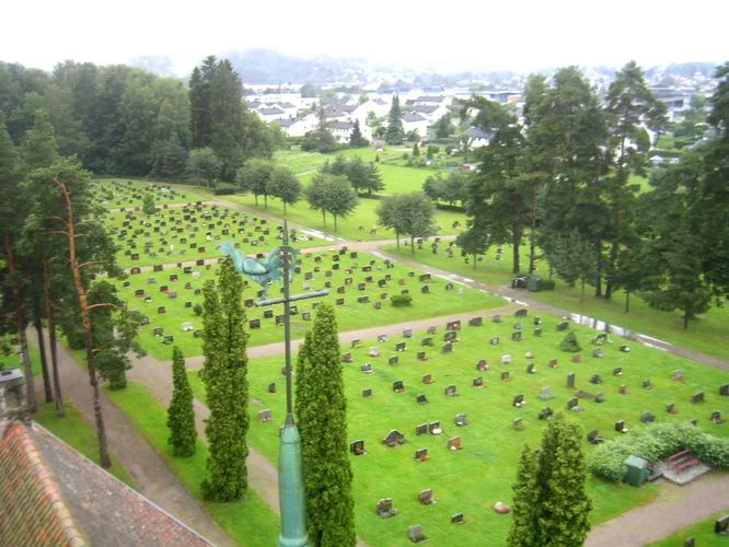 Gimsøy kirkegård med gravminner sett fra taket på Gimsøy kirke. Foto.