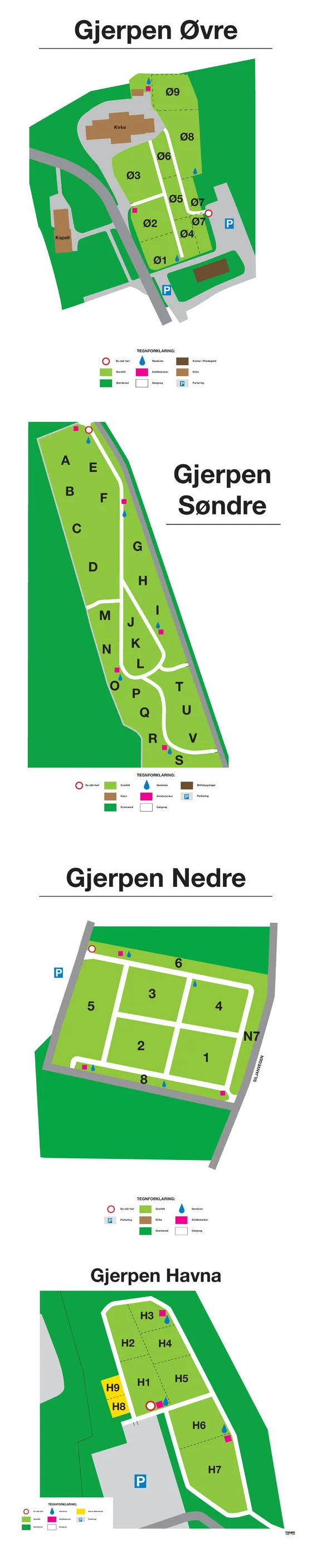 Gjerpens kirkegarder. Gjerpen Øvre, Søndre, Nedre og Havna. Illustrasjon.